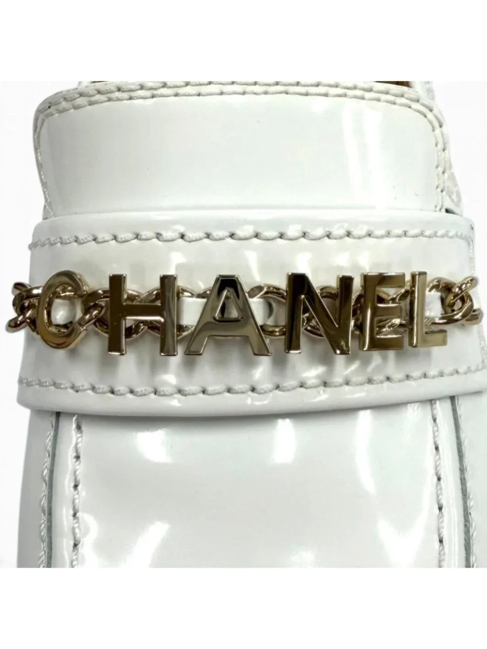 Chanel Logo CC Patent Leather Loafers White Gold